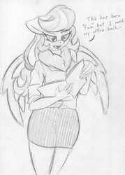 Size: 1734x2420 | Tagged: safe, artist:zemer, oc, oc only, oc:feather belle, anthro, 30 minute art challenge, business suit, businessmare, clothes, female, fluffy, mare, miniskirt, monochrome, secretary, skirt, skirt suit, solo, suit, text