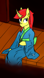 Size: 540x960 | Tagged: safe, artist:dyonys, oc, oc only, oc:maya yamato, unicorn, semi-anthro, arm hooves, clothes, curved horn, ear piercing, earring, female, food, horn, jewelry, kimono (clothing), mare, piercing, sitting, solo, tea