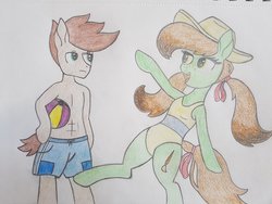Size: 1024x768 | Tagged: safe, artist:dyonys, oc, oc only, oc:lucky brush, oc:night chaser, earth pony, semi-anthro, beach ball, clothes, female, hat, luckychaser, male, mare, one-piece swimsuit, open mouth, open smile, smiling, stallion, swimsuit, traditional art
