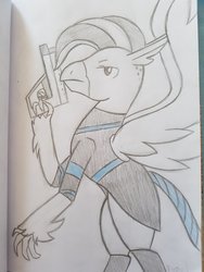 Size: 774x1032 | Tagged: safe, artist:dyonys, oc, oc only, hippogriff, clothes, gun, male, solo, traditional art, weapon