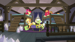 Size: 1920x1080 | Tagged: safe, screencap, apple bloom, applejack, big macintosh, granny smith, pinkie pie, earth pony, pony, g4, hearthbreakers, animated, apple family, attic, bed, bunk bed, butt, female, filly, hearth's warming eve, mare, pie family home, plot, six-layer bean dip, sound, webm, wholesome