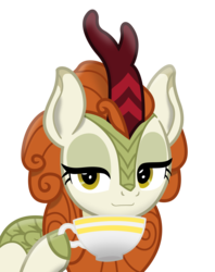 Size: 2152x2720 | Tagged: safe, artist:zylgchs, derpibooru exclusive, autumn blaze, kirin, g4, sounds of silence, cup, female, high res, hoof hold, lidded eyes, simple background, smiling, smug, solo, teacup, transparent background, vector