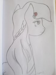 Size: 774x1032 | Tagged: safe, artist:dyonys, oc, oc only, oc:lucky brush, earth pony, pony, braid, female, flower, flower in hair, frown, mare, monochrome, partial color, rose, sad, traditional art