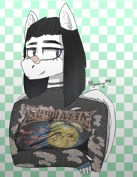Size: 659x851 | Tagged: safe, artist:itzdatag0ndray, oc, oc only, pegasus, anthro, abstract background, bandage, blue eyes, choker, clothes, ear fluff, female, smiling, solo
