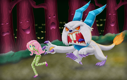 Size: 3355x2109 | Tagged: safe, artist:lifesharbinger, part of a set, angel bunny, fluttershy, do princesses dream of magic sheep, equestria girls, g4, anger bunny, clothes, equestria girls interpretation, forest, high res, monster, nightmare, open mouth, pajamas, pants, running, scene interpretation, tongue out