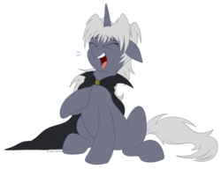 Size: 1200x920 | Tagged: safe, artist:littlehybridshila, oc, oc only, oc:virmare, oc:virmir, pony, unicorn, cape, clothes, commission, digital art, eyes closed, female, laughing, mare, open mouth, simple background, solo, transparent background