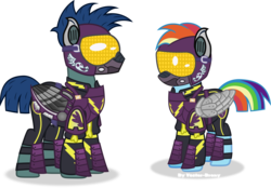 Size: 3416x2381 | Tagged: safe, artist:vector-brony, rainbow dash, pegasus, pony, g4, alternate timeline, amputee, apocalypse dash, armor, augmented, crystal war timeline, duo, female, goggles, helmet, hidden eyes, high res, male, mare, military, prosthetic limb, prosthetic wing, prosthetics, shadowbolts, simple background, stallion, transparent background, vector