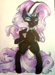 Size: 1280x1716 | Tagged: safe, artist:angelface2006, nightmare rarity, unicorn, anthro, g4, arm hooves, eyeshadow, female, lidded eyes, makeup, smiling, solo, traditional art