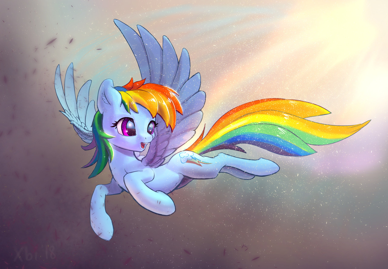 Safe Artist Xbi Rainbow Dash Pegasus Pony Female Flying Open Mouth Solo