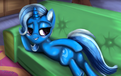 Size: 3897x2434 | Tagged: safe, artist:darksly, trixie, pony, unicorn, g4, road to friendship, blushing, butt, couch, draw me like one of your french girls, female, high res, lidded eyes, looking back, mare, plot, prone, solo, underhoof