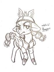 Size: 1280x1707 | Tagged: safe, artist:angelface2006, pegasus, pony, bracer, clothes, don't starve together, female, helmet, mare, monochrome, pigtails, ponified, shirt, solo, tunic, wigfrid