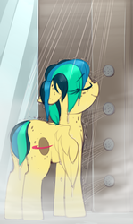 Size: 815x1372 | Tagged: safe, artist:shinodage, oc, oc only, oc:apogee, pegasus, pony, butt, eyes closed, female, filly, freckles, plot, shower, smiling, solo, wet, wet mane