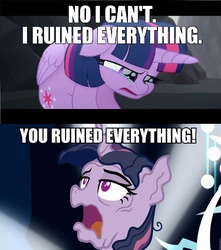 Size: 938x1062 | Tagged: safe, edit, edited screencap, editor:horsesplease, screencap, mean twilight sparkle, twilight sparkle, alicorn, pony, my little pony: the movie, the mean 6, bitterness, clone, crossing the memes, crylight sparkle, duality, dying, guilty, image macro, imminent death, meme, no i can't i ruined everything, sad, twilight sparkle (alicorn), wordplay, you ruined everything