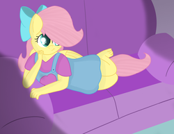 Size: 3300x2550 | Tagged: safe, artist:skyflys, fluttershy, anthro, plantigrade anthro, g4, barefoot, bow, clothes, cute, dress, feet, female, filly, filly fluttershy, foal, high res, on side, shyabetes, smiling, solo, younger