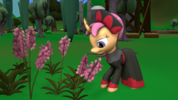 Size: 1280x720 | Tagged: safe, artist:dracagon, sable spirit, pony, unicorn, g4, 3d, clothes, curved horn, dress, empress sable spirit, female, flower, horn, mare, solo, young, young sable spirit, younger