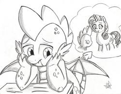 Size: 6536x5075 | Tagged: safe, artist:pollito15, rarity, spike, dragon, pony, g4, absurd resolution, female, male, monochrome, ship:sparity, shipping, straight, thought bubble, traditional art, winged spike, wings