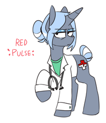 Size: 508x590 | Tagged: safe, artist:redxbacon, oc, oc only, oc:red pulse, pony, unicorn, clothes, female, hair bun, lab coat, lidded eyes, mare, nurse, pinpoint eyes, raised leg, reference, shirt, simple background, solo, stethoscope, tail, tail bun, unamused, white background