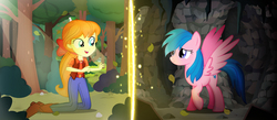Size: 4500x1956 | Tagged: safe, artist:invisibleink, firefly, megan williams, pegasus, pony, equestria girls, equestria girls series, g1, g4, rescue at midnight castle, rollercoaster of friendship, alternate universe, boots, bow, cave, clothes, cowboy boots, cute, duo, female, forest, g1 to g4, generation leap, high res, jeans, kneeling, large wings, leaf, mare, open mouth, pants, portal, rainbow of light, raised hoof, shoes, smiling, tree, wings