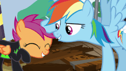 Size: 960x540 | Tagged: safe, screencap, rainbow dash, scootaloo, pegasus, pony, g4, the washouts (episode), animated, clothes, duo, eyes closed, female, filly, foal, folded wings, gif, gritted teeth, mare, noogie, pint-sized dynamite, raised eyebrow, raised hoof, ruffled hair, scootalove, smiling, spread wings, talking, teeth, uniform, washouts uniform, wings