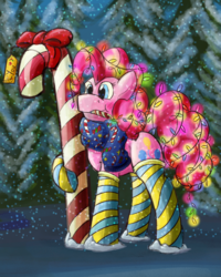 Size: 2322x2904 | Tagged: safe, artist:mandy1412, pinkie pie, earth pony, pony, g4, 2017, candy, candy cane, christmas, christmas lights, clothes, female, food, high res, holiday, mouth hold, scarf, snow, socks, solo, striped socks, thigh highs, tree