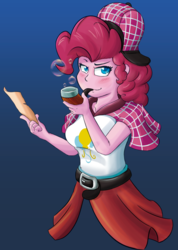 Size: 925x1301 | Tagged: safe, artist:mandy1412, pinkie pie, equestria girls, g4, belt, blue background, bubble, bubble pipe, clothes, deerstalker, detective, female, hat, paper, pipe, sherlock holmes, sherlock pie, simple background, solo