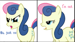 Size: 822x468 | Tagged: safe, artist:1dkv, bon bon, sweetie drops, earth pony, pony, g4, 2 panel comic, background pony, bad quality, bon bon is not amused, comic, cropped, dialogue, doing loving things, female, i'm out, mare, meme, no just no, nope, poor quality, reaction image, simple background, solo, unamused, white background