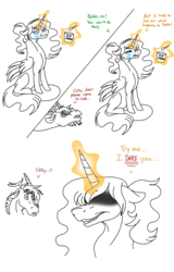 Size: 1024x1600 | Tagged: safe, artist:detoxx-retoxx, discord, princess celestia, alicorn, draconequus, pony, g4, alternate hairstyle, comic, crying, eating, female, food, glowing horn, hidden eyes, horn, ice cream, male, mood swing, out of character, partial color, ponytail, pregnant, ship:dislestia, shipping, soap opera, straight