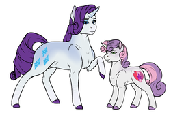 Size: 2413x1605 | Tagged: safe, artist:minsona, rarity, sweetie belle, pony, unicorn, g4, colored hooves, cutie mark, duo, female, filly, lidded eyes, mare, raised hoof, simple background, sisters, the cmc's cutie marks, white background