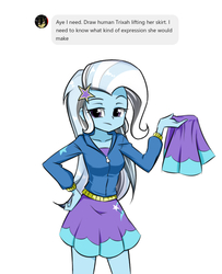 Size: 575x708 | Tagged: safe, artist:twilite-sparkleplz, trixie, equestria girls, g4, clothes, exact words, female, hoodie, joke, literal, looking at you, miniskirt, simple background, skirt, skirt lift, solo, upskirt denied, white background