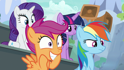 Size: 1280x720 | Tagged: safe, screencap, rainbow dash, rarity, scootaloo, twilight sparkle, alicorn, pony, g4, the washouts (episode), excited, grin, rainbow dash is not amused, raised eyebrow, smiling, speaker, twilight sparkle (alicorn), unamused