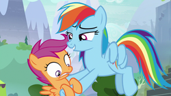 Size: 1280x720 | Tagged: safe, screencap, rainbow dash, scootaloo, pony, g4, the washouts (episode), flying, holding a pony, out of context