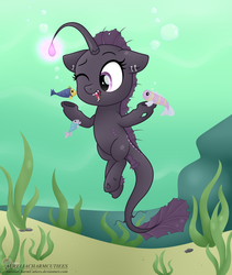 Size: 2780x3300 | Tagged: safe, artist:raspberrystudios, oc, oc only, oc:deep lilly, angler fish, fish, angler seapony, chibi, commission, female, fins, glowing, high res, holes, mare, ocean, one eye closed, open mouth, seaweed, smiling, solo, tail, underwater