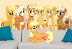 Size: 802x548 | Tagged: safe, artist:mkogwheel, edit, editor:gutovi, applejack, earth pony, pony, g4, applejack (g5 concept leak), braid, bucktooth, chest fluff, female, friendly edit, g5 concept leak style, g5 concept leaks, inverted mouth, mare, multeity, open mouth, piper perri surrounded, prone, self ponidox, simple background, smiling, style emulation, underhoof, unshorn fetlocks, waving, weapon, yellow background