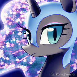 Size: 1039x1039 | Tagged: safe, artist:rocy canvas, nightmare moon, alicorn, pony, g4, bust, ethereal mane, female, helmet, looking at you, mare, pixiv, solo, starry mane