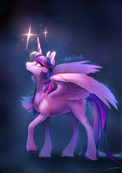Size: 2480x3507 | Tagged: safe, artist:rocy canvas, twilight sparkle, alicorn, pony, g4, female, high res, looking up, mare, pixiv, solo, spread wings, starry background, twilight sparkle (alicorn), wings