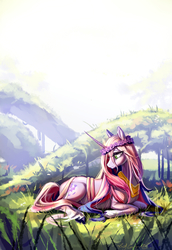 Size: 2031x2952 | Tagged: safe, artist:rocy canvas, oc, oc only, pony, unicorn, female, floral head wreath, flower, flower in hair, garland, grass, high res, lying down, mare, pixiv, scenery, smiling, solo