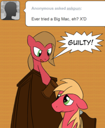 Size: 800x976 | Tagged: safe, artist:loceri, big macintosh, oc, oc:pun, earth pony, pony, ask pun, g4, ask, female, gavel, mare, pun