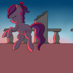 Size: 1000x1000 | Tagged: safe, artist:cappie, oc, oc only, oc:violet ray, pony, eyes closed, female, floating, pillar, ruins, solo, sunlight, sunrise