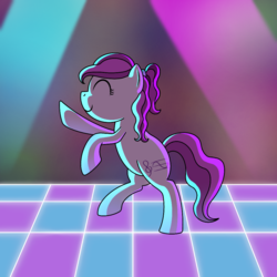 Size: 1000x1000 | Tagged: safe, artist:cappie, oc, oc only, oc:violet ray, pony, dance floor, dancing, eyes closed, female, neon, smiling, solo