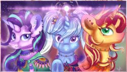 Size: 3800x2159 | Tagged: safe, artist:ilynalta, starlight glimmer, sunset shimmer, trixie, pony, unicorn, g4, clothes, counterparts, female, high res, horn, horn ring, looking at you, magic, magical trio, mare, open collaboration, printable, smiling, speedpaint available, trio, twilight's counterparts, underhoof