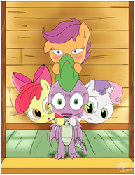 Size: 2550x3300 | Tagged: safe, artist:loreto-arts, apple bloom, scootaloo, spike, sweetie belle, dragon, earth pony, pegasus, pony, unicorn, g4, adorabloom, blushing, clubhouse, crusaders clubhouse, crusadespike, cute, cutealoo, cutie mark crusaders, diasweetes, female, filly, high res, hoofprint, male, ship:scootaspike, ship:spikebelle, ship:spikebloom, shipping, spike gets all the mares, straight, sweat, winged spike, wings
