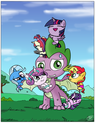 Size: 2550x3300 | Tagged: safe, artist:loreto-arts, moondancer, princess flurry heart, spike, starlight glimmer, sunset shimmer, trixie, twilight sparkle, alicorn, dragon, pony, unicorn, g4, molt down, age regression, baby, baby pony, baby trixie, babylight glimmer, babylight sparkle, babyset shimmer, book, cloud, counterparts, cute, dancerbetes, diaper, diatrixes, female, flurrybetes, glasses, glimmerbetes, grass, grass field, high res, male, mountain, nom, outdoors, ponytail, reading, shimmerbetes, sky, tree, twiabetes, twilight sparkle (alicorn), twilight's counterparts, winged spike, wings, younger