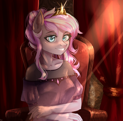 Size: 2000x1970 | Tagged: safe, artist:alicesmitt31, oc, oc only, oc:iridescent flings, anthro, anthro oc, clothes, crown, female, grin, jewelry, mare, regalia, smiling, solo, ych result