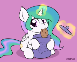 Size: 1000x800 | Tagged: safe, artist:empyu, princess celestia, alicorn, pony, g4, chibi, cookie, cookie jar, cookie thief, cute, cutelestia, female, filly, food, glowing horn, horn, magic, mare, simple background, solo, telekinesis
