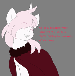 Size: 1464x1476 | Tagged: safe, artist:taaffeiite, oc, oc only, oc:scarlet starlight, pony, unicorn, cloak, clothes, dialogue, female, gray background, mare, parent:cyberia starlight, parent:sakura starlight, simple background, solo, text
