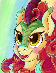 Size: 1180x1511 | Tagged: safe, artist:linvidia, autumn blaze, kirin, g4, sounds of silence, blushing, female, open mouth, solo