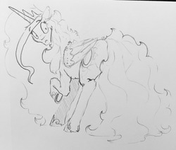 Size: 1280x1083 | Tagged: safe, artist:greyscaleart, princess celestia, alicorn, pony, g4, black and white, butt, female, grayscale, looking back, mare, monochrome, plot, simple background, solo, traditional art, white background, wide eyes