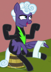 Size: 466x650 | Tagged: safe, screencap, rolling thunder, pegasus, pony, the washouts (episode), air quotes, bandage, bucket, clothes, cropped, female, mare, sitting, solo, tattoo, uniform, washouts uniform, wing hands
