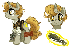 Size: 636x420 | Tagged: safe, artist:tsurime, oc, oc only, oc:grace, pony, unicorn, fallout equestria, fallout equestria: begin again, clothes, cutie mark, energy weapon, fanfic, fanfic art, female, gun, hooves, horn, laser rifle, looking at you, magic, magical energy weapon, mare, pipbuck, simple background, smiling, solo, telekinesis, weapon, white background