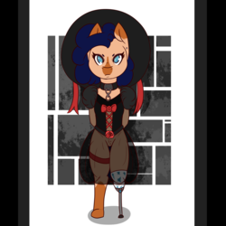Size: 2000x2000 | Tagged: safe, artist:lazerblues, oc, oc only, oc:heartspring, pony, abstract background, amputee, clothes, collar, female, hat, high res, looking at you, peg leg, prosthetic leg, prosthetic limb, prosthetics, see-through, solo